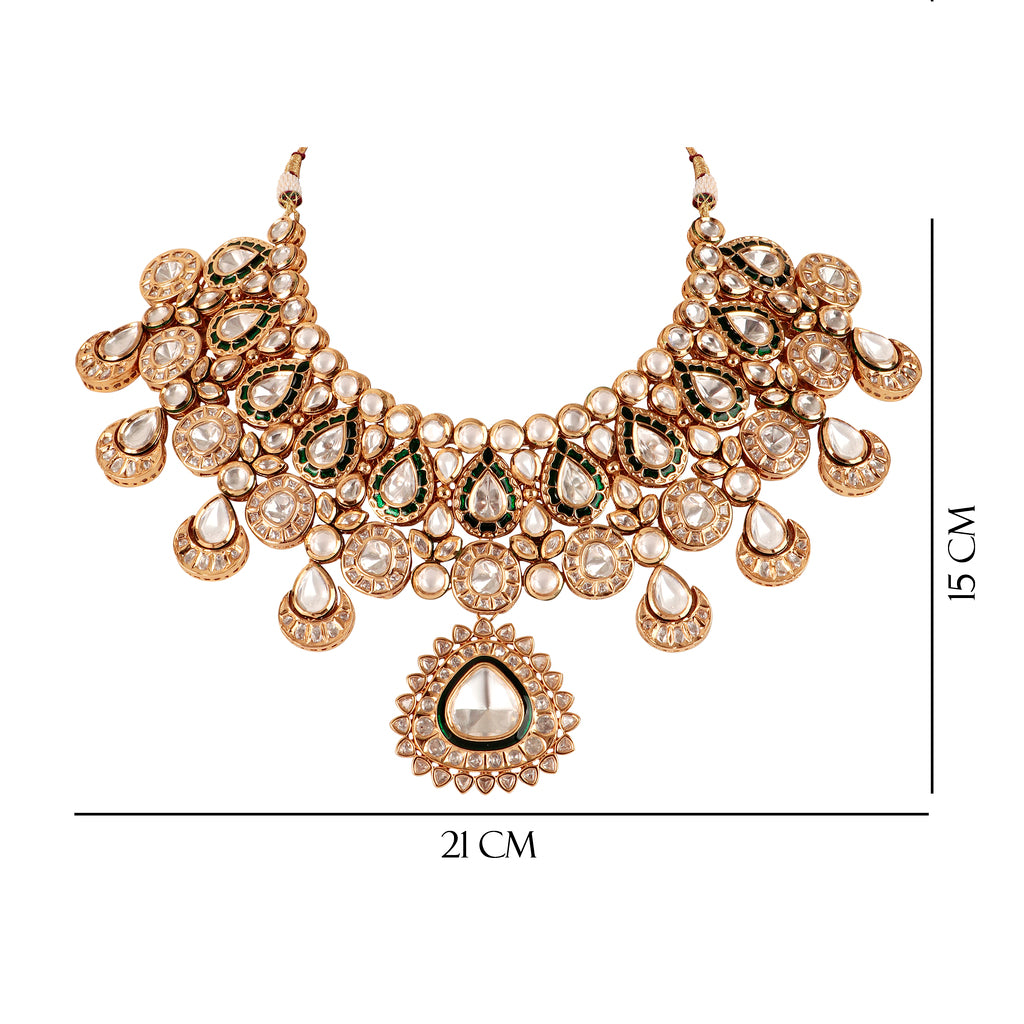 Gold Meenakari Kundan Necklace Set with Earrings and Tikka
