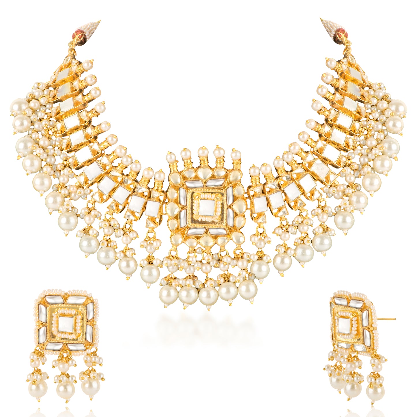 Gold Mother of Pearl Pachi Kundan Necklace Set with Earrings