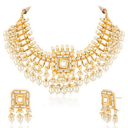 Gold Mother of Pearl Pachi Kundan Necklace Set with Earrings
