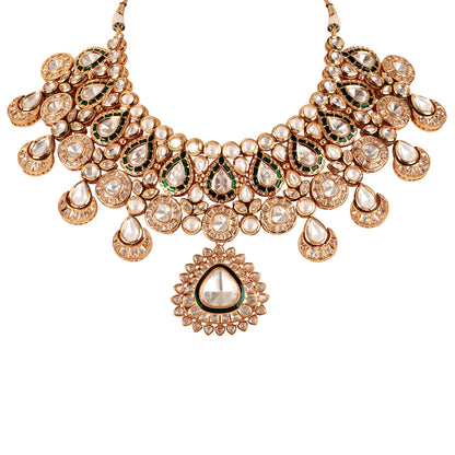 Gold Meenakari Kundan Necklace Set with Earrings and Tikka