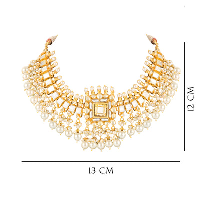 Gold Mother of Pearl Pachi Kundan Necklace Set with Earrings