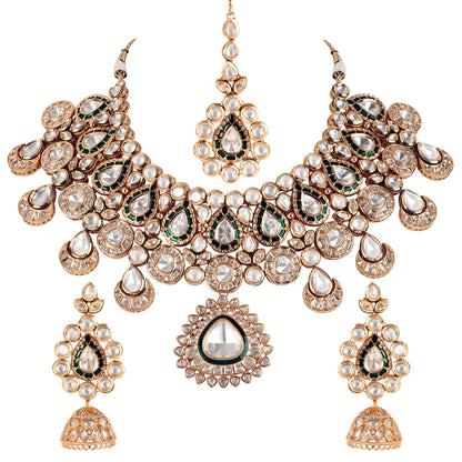 Gold Meenakari Kundan Necklace Set with Earrings and Tikka