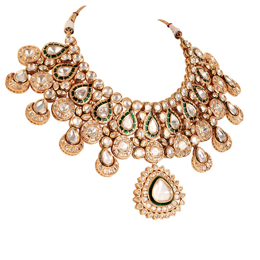 Gold Meenakari Kundan Necklace Set with Earrings and Tikka