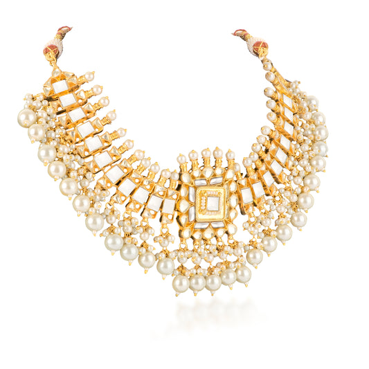 Gold Mother of Pearl Pachi Kundan Necklace Set with Earrings