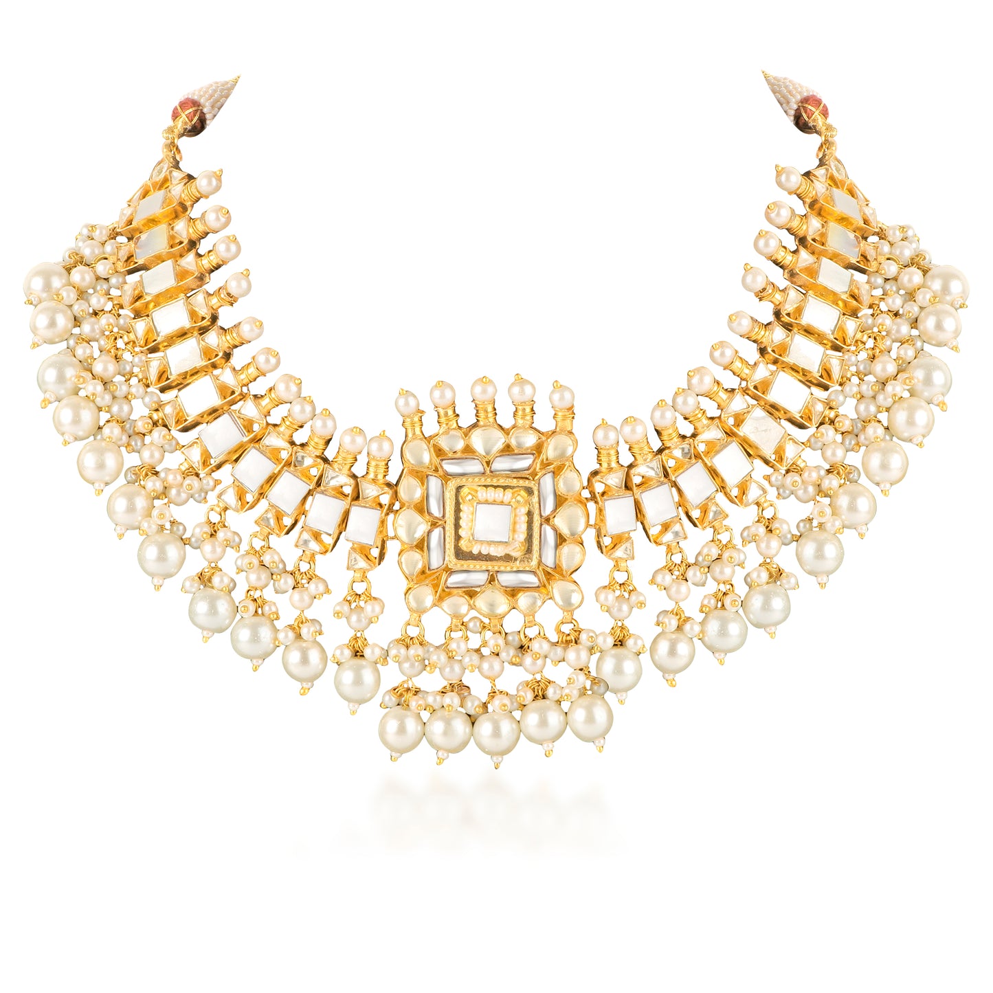 Gold Mother of Pearl Pachi Kundan Necklace Set with Earrings