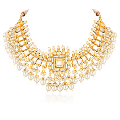 Gold Mother of Pearl Pachi Kundan Necklace Set with Earrings